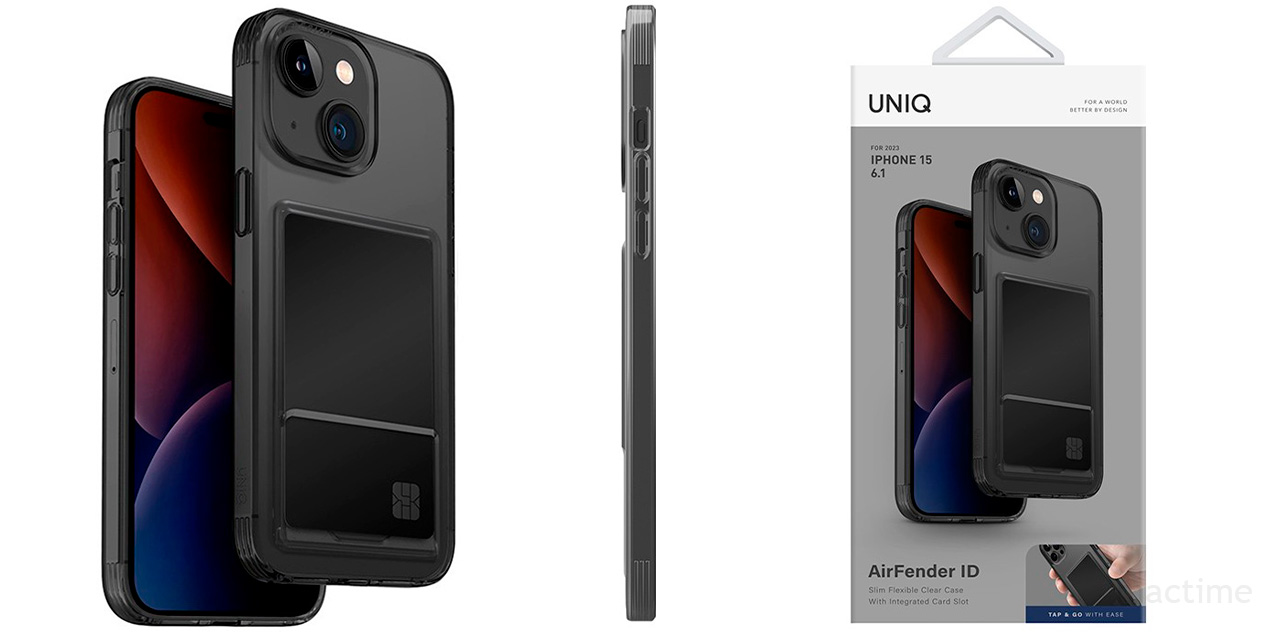 Полу-прозрачный чехол Uniq Air Fender ID для iPhone 15 серого цвета
